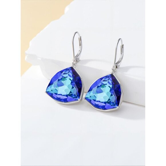 Sterling Silver Sapphire Simple Geometric Birthstone Dangle Drop Earring Jewelry - Picture 2 of 5